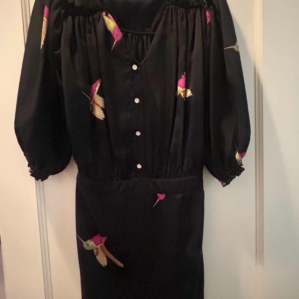 T-bags Los Angeles Black Bird Print hummingbird Mini Dress Button Front | Size S